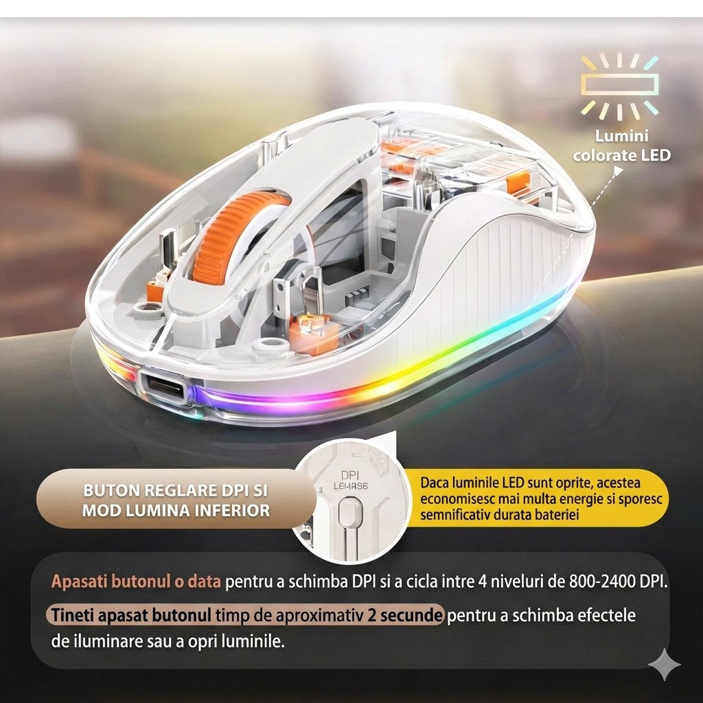 Mouse Wireless, Dual Bluetooth, 2.4 GHz, Multi Device, USB-C, 4 Niveluri DPI 800-2400, Reincarcabil, Iluminare LED, Compatibil MacBook/iPad/Laptop 10 x 6 cm, Alb