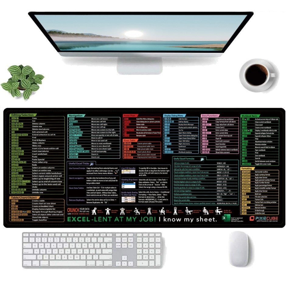 Mousepad cu Suport Tastatura, Covoras pentru Masa de Birou cu Formule si Scurtaturi pentru Excel, Rezistent la Zgirieturi si Antiderapant 90 x 40 cm