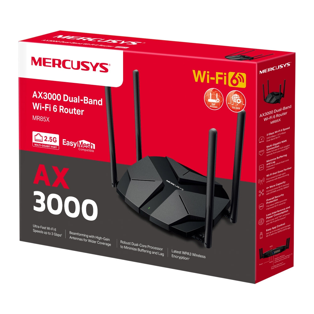 ROUTER MERCUSYS, AX3000, 1× 2.5 Gbps WAN port, 1× 2.5 Gbps LAN port si 3× GE LAN, dual band 2.4 / 5 Ghz, 4 x antene externe, "MR85X"