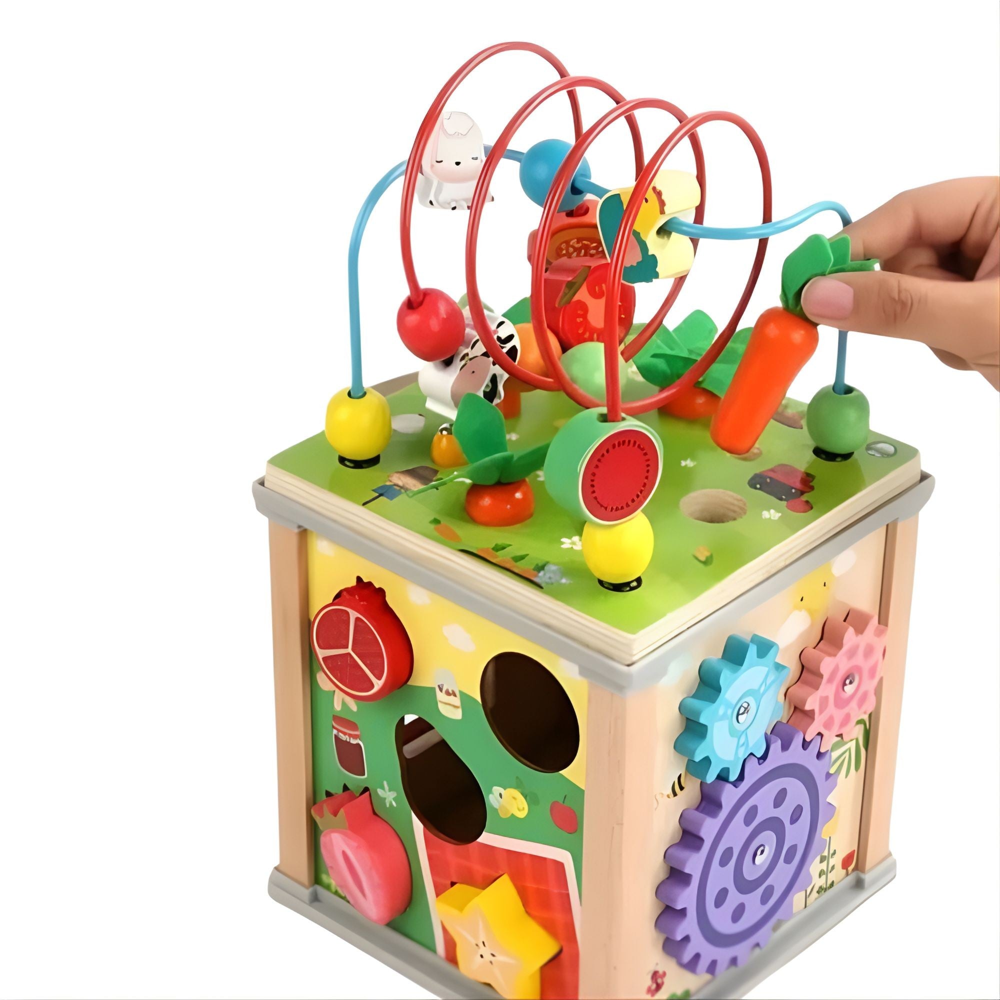 Cub Educativ Montessori din Lemn, Multifunctional, Sortare Forme si Culori, Activitati Educative, Multicolor, Jucarie Interactiva