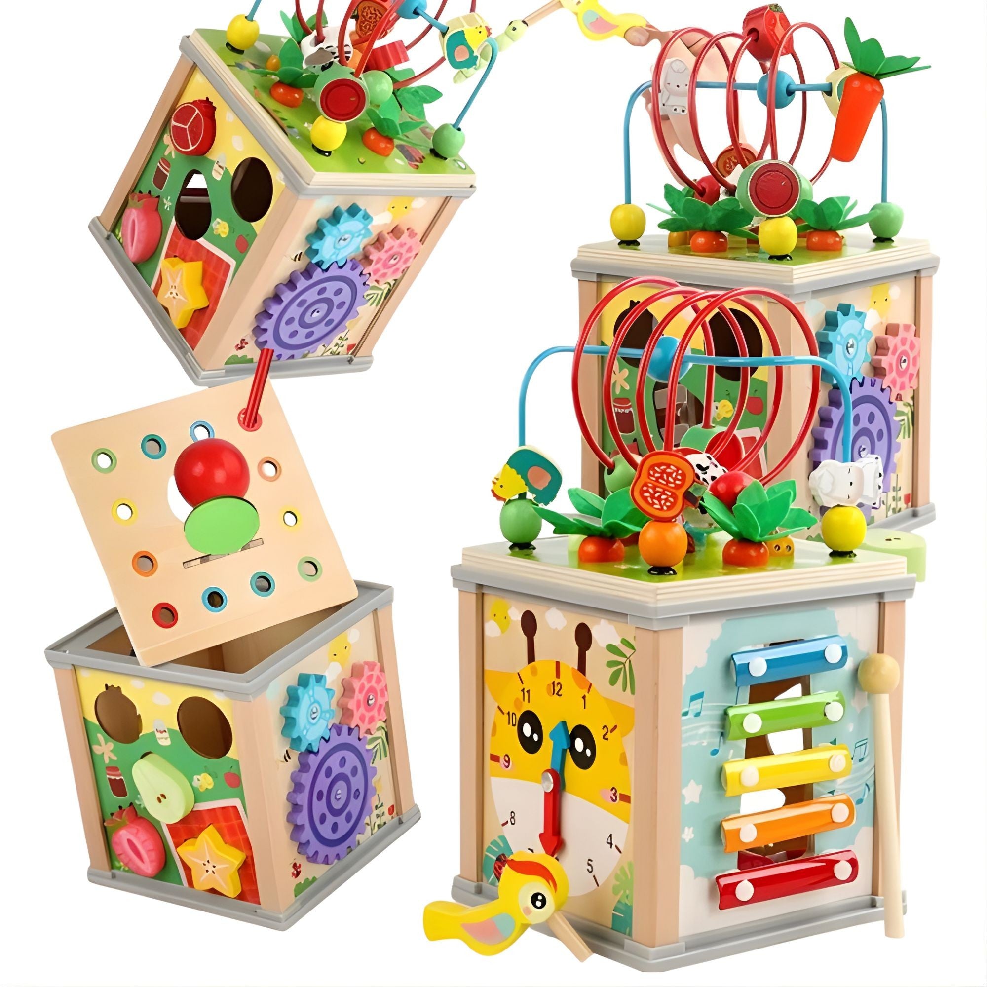 Cub Educativ Montessori din Lemn, Multifunctional, Sortare Forme si Culori, Activitati Educative, Multicolor, Jucarie Interactiva