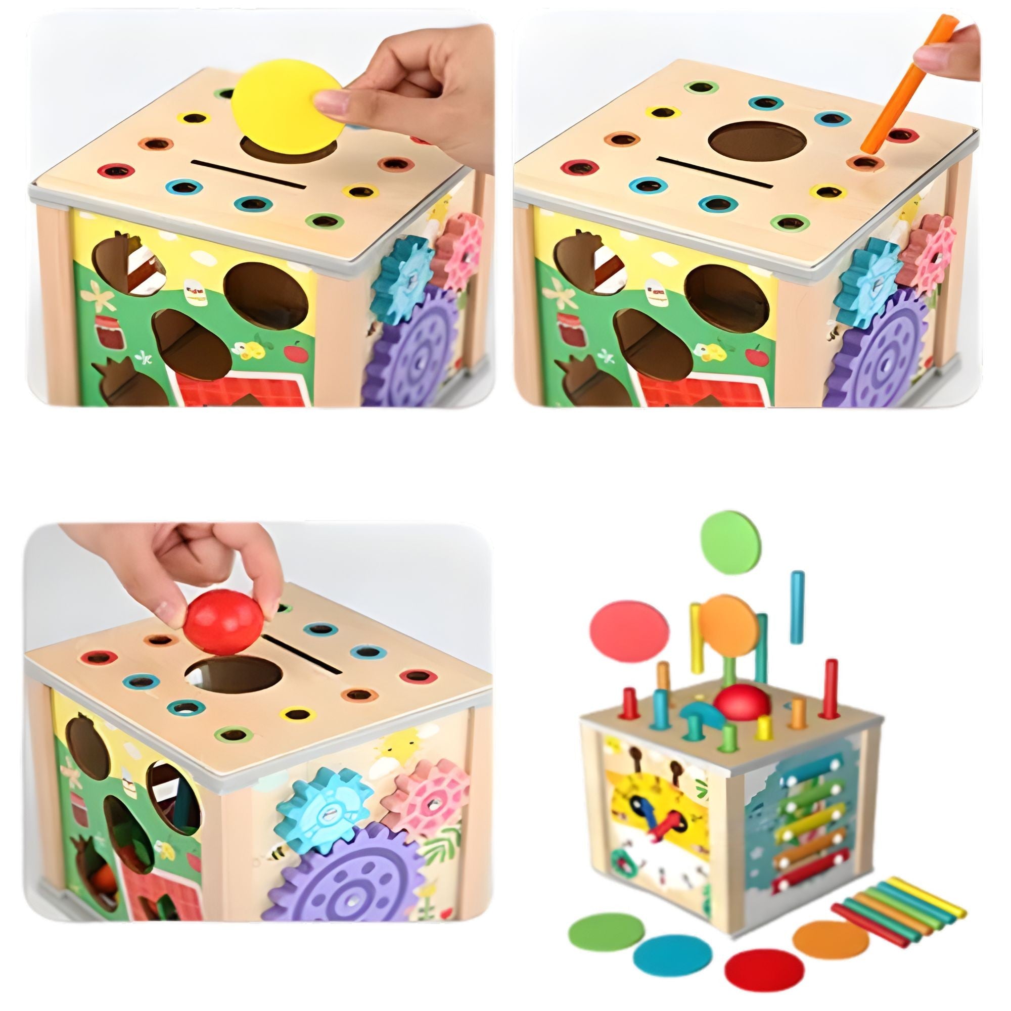 Cub Educativ Montessori din Lemn, Multifunctional, Sortare Forme si Culori, Activitati Educative, Multicolor, Jucarie Interactiva