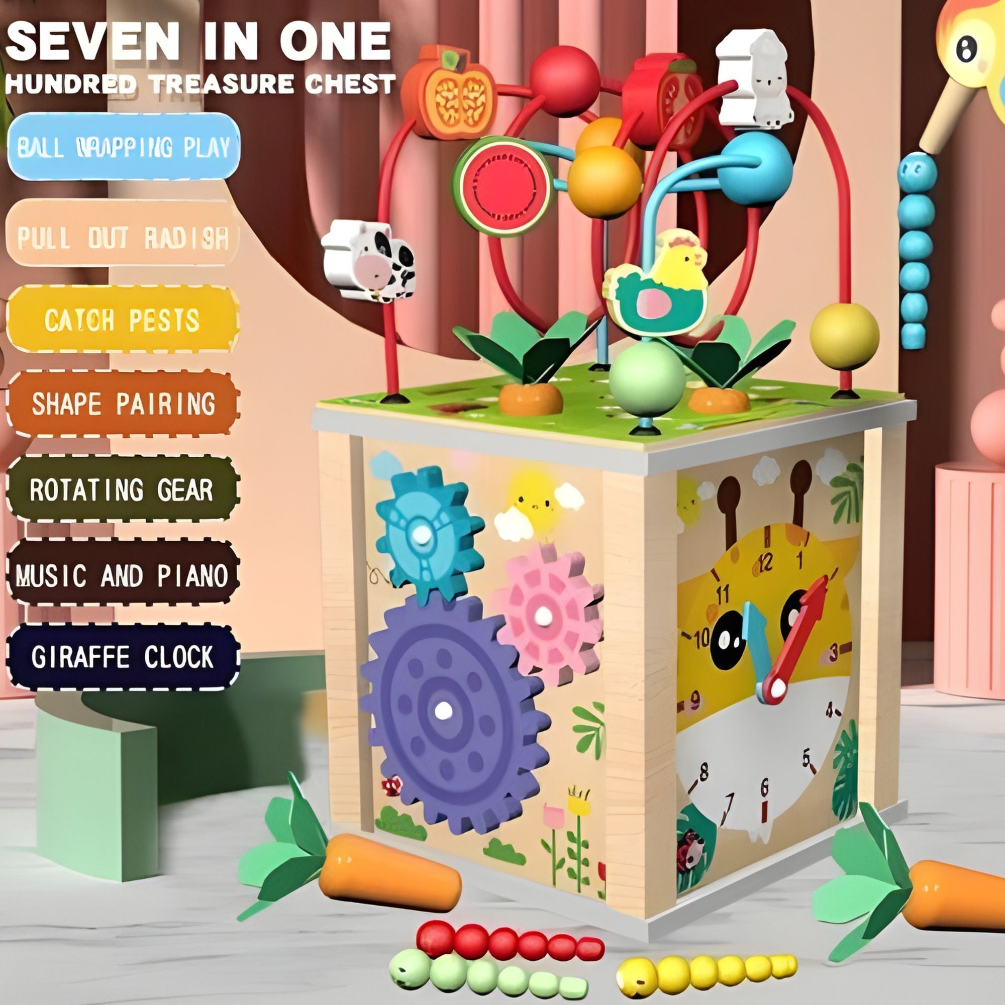 Cub Educativ Montessori din Lemn, Multifunctional, Sortare Forme si Culori, Activitati Educative, Multicolor, Jucarie Interactiva