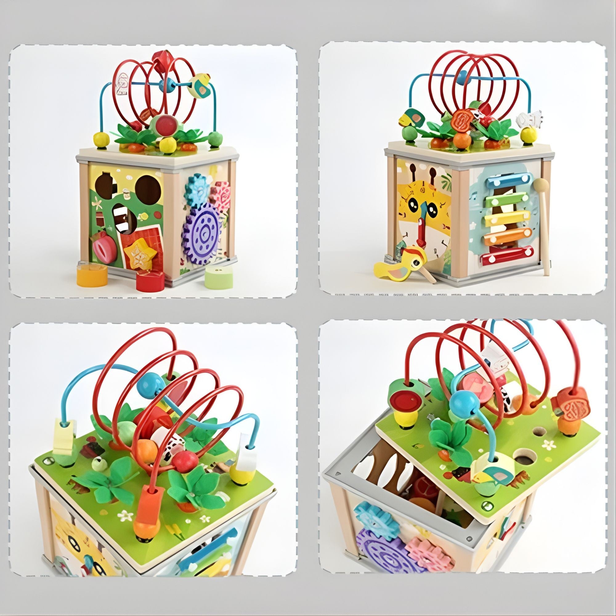 Cub Educativ Montessori din Lemn, Multifunctional, Sortare Forme si Culori, Activitati Educative, Multicolor, Jucarie Interactiva