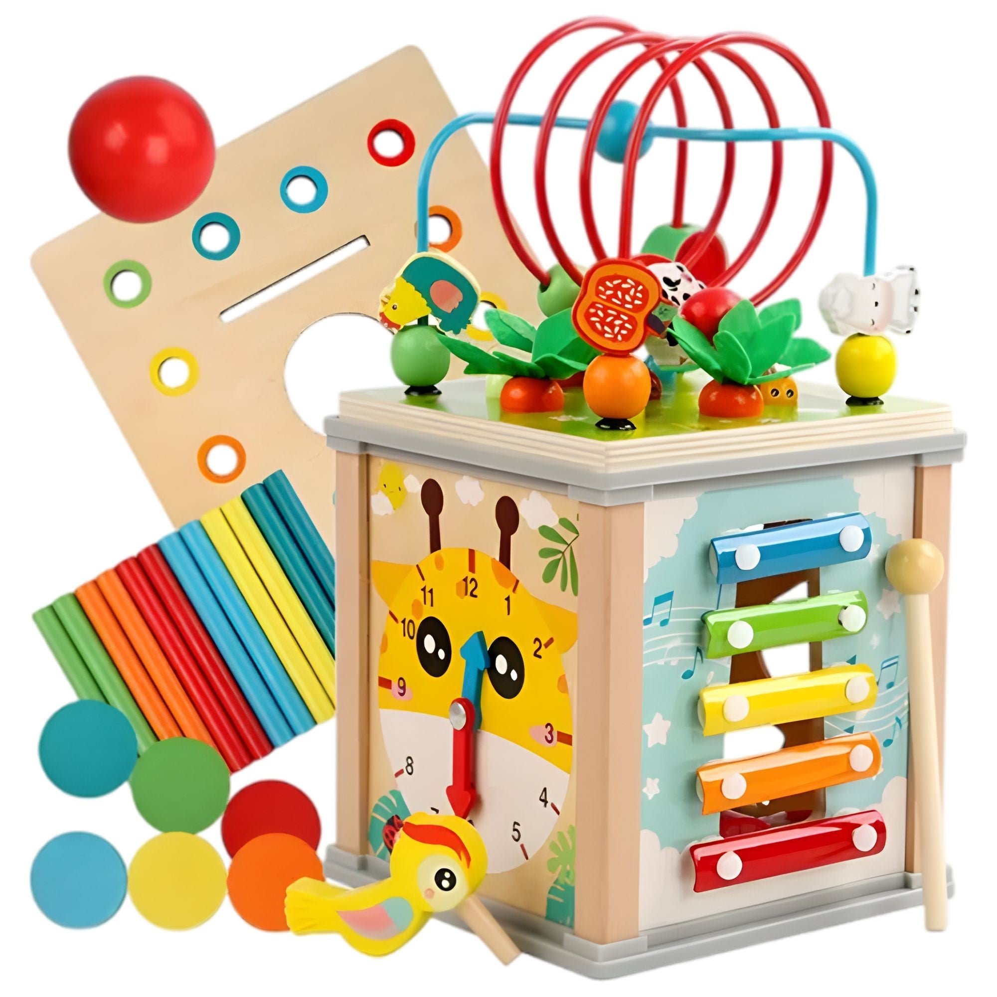 Cub Educativ Montessori din Lemn, Multifunctional, Sortare Forme si Culori, Activitati Educative, Multicolor, Jucarie Interactiva