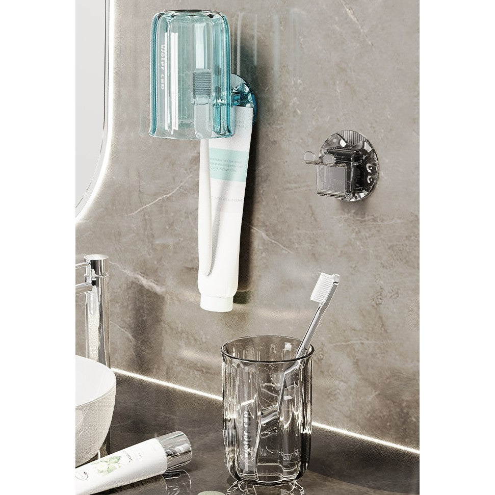 Suport Multifunctional 2 in 1, Pahar si Suport pentru Periuta de Dinti, Plastic, Dimensiune: 10.4 x 7.3 x 7.3 cm, Maro Galbui