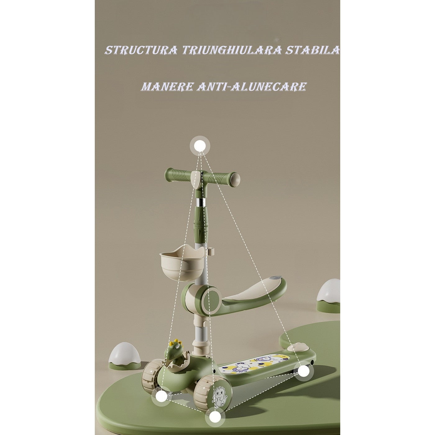 Trotineta Multifunctionala 2 in 1, pentru Copii, 1-7 Ani, cu Lumini, Reglabil 360, Pliere Usoara, Reglarea Inaltimii, Model Dinozaur, 67-76 x 24 x 55 cm, Bej/Verde