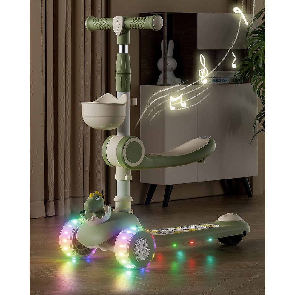 Trotineta Multifunctionala 2 in 1, pentru Copii, 1-7 Ani, cu Lumini, Reglabil 360, Pliere Usoara, Reglarea Inaltimii, Model Dinozaur, 67-76 x 24 x 55 cm, Bej/Verde