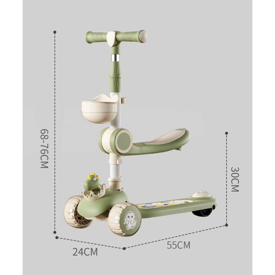Trotineta Multifunctionala 2 in 1, pentru Copii, 1-7 Ani, cu Lumini, Reglabil 360, Pliere Usoara, Reglarea Inaltimii, Model Dinozaur, 67-76 x 24 x 55 cm, Bej/Verde