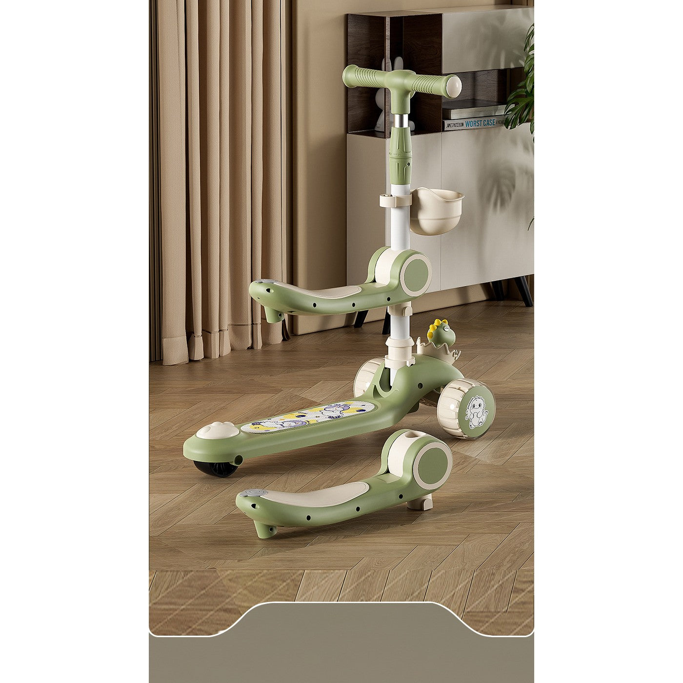 Trotineta Multifunctionala 2 in 1, pentru Copii, 1-7 Ani, cu Lumini, Reglabil 360, Pliere Usoara, Reglarea Inaltimii, Model Dinozaur, 67-76 x 24 x 55 cm, Bej/Verde