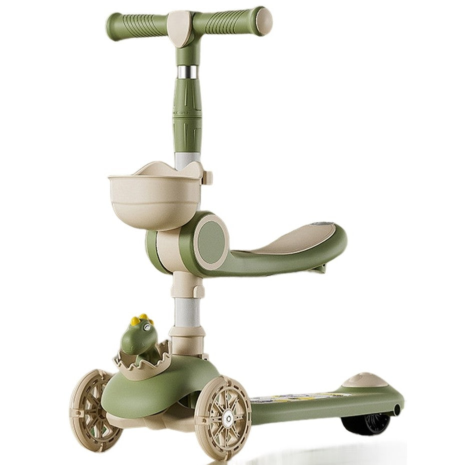 Trotineta Multifunctionala 2 in 1, pentru Copii, 1-7 Ani, cu Lumini, Reglabil 360, Pliere Usoara, Reglarea Inaltimii, Model Dinozaur, 67-76 x 24 x 55 cm, Bej/Verde