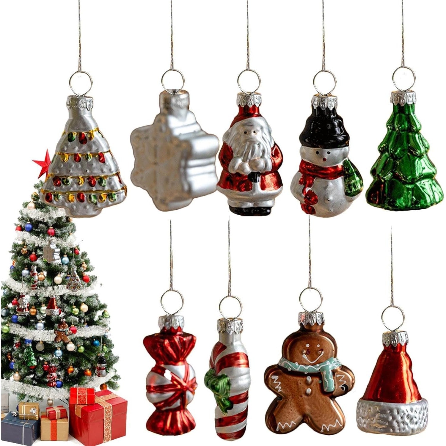 Set 9 Decoratiuni de Craciun, pentru Brad, 5 cm, din Sticla, 22 x 12.5 x 4.2 cm, Multicolor