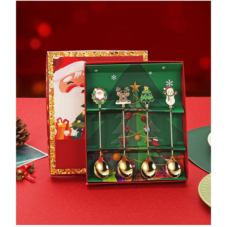 Set 4 Lingurite, Tema Craciun, Model Carry The Merry, 4 Modele, din Otel Inoxidabil, 19.5 x 16 x 2 cm, Multicolor