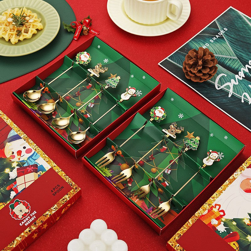 Set 4 Lingurite, Tema Craciun, Model Carry The Merry, 4 Modele, din Otel Inoxidabil, 19.5 x 16 x 2 cm, Multicolor