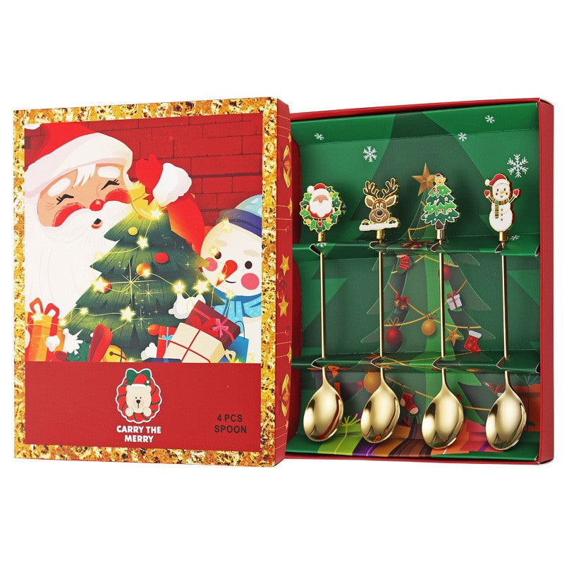 Set 4 Lingurite, Tema Craciun, Model Carry The Merry, 4 Modele, din Otel Inoxidabil, 19.5 x 16 x 2 cm, Multicolor