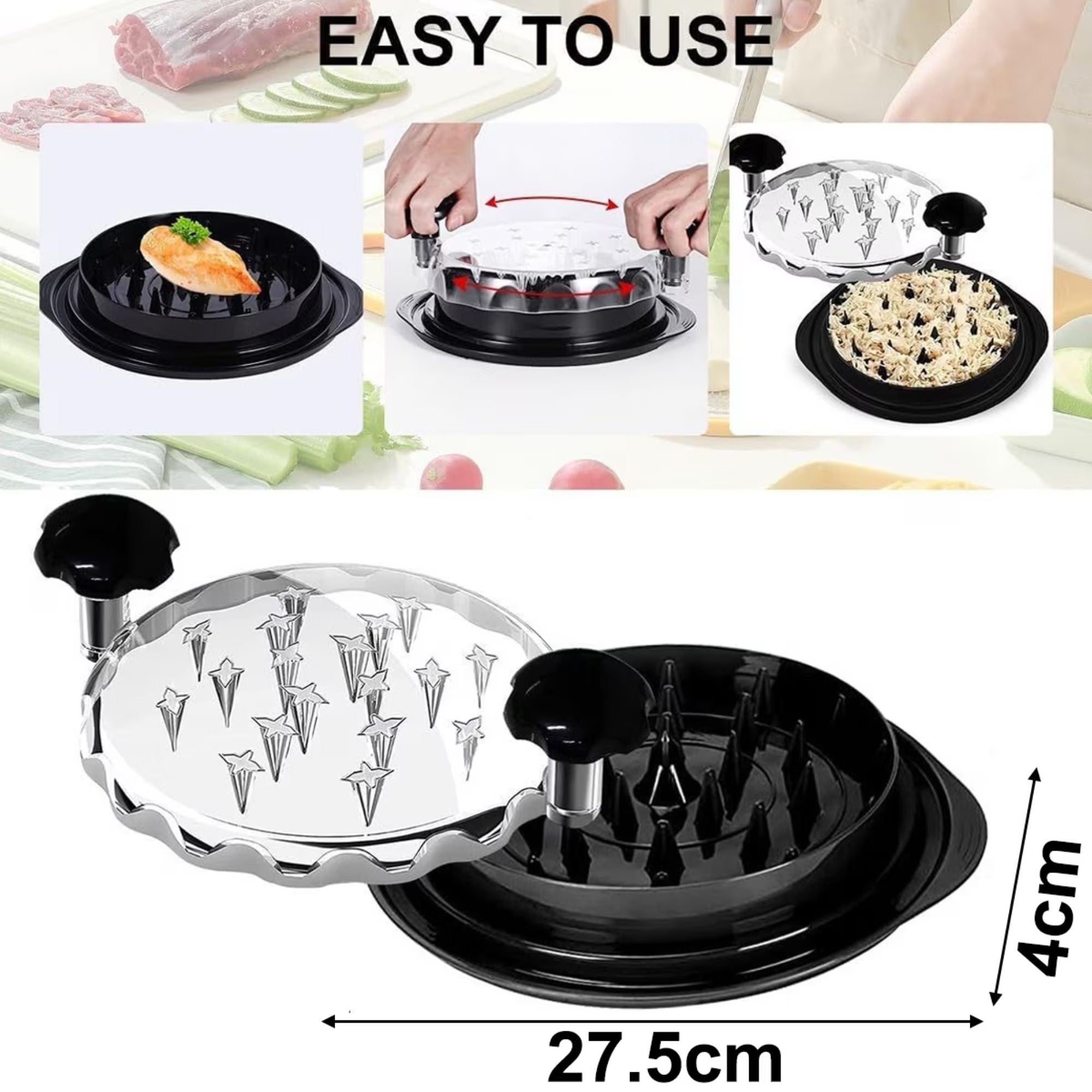Tocator Manual pentru Carne, cu Capac Transparent, Tocator de Pui Antiderapant, Manere Ergonomice, 25 x 25 x 5.5 cm, Negru