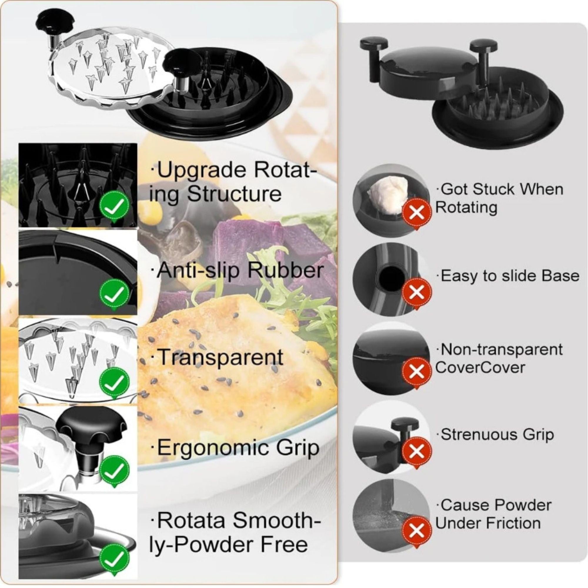 Tocator Manual pentru Carne, cu Capac Transparent, Tocator de Pui Antiderapant, Manere Ergonomice, 25 x 25 x 5.5 cm, Negru