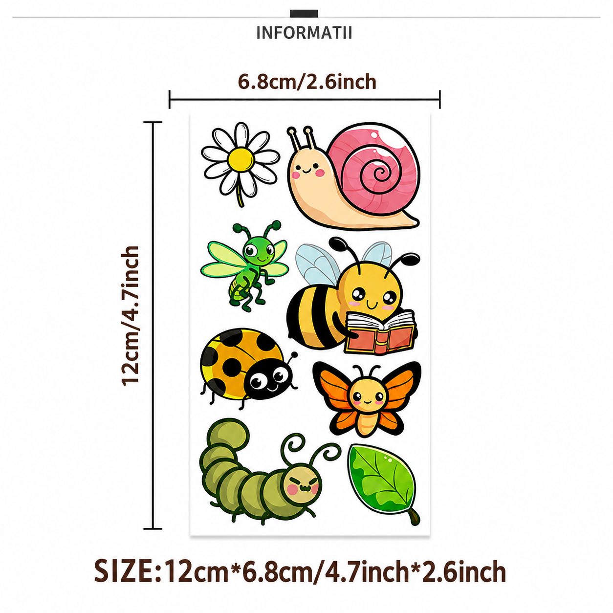 Set Tatuaje Temporare pentru Copii, Modele Cartoon cu Insecte si Natura, Rezistente la Apa, pentru Petreceri si Activitati Creative, Foaie 12 x 6.8 cm, Multicolor