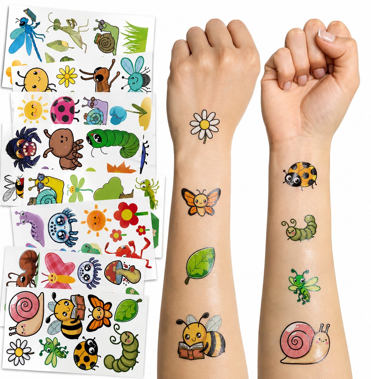 Set Tatuaje Temporare pentru Copii, Modele Cartoon cu Insecte si Natura, Rezistente la Apa, pentru Petreceri si Activitati Creative, Foaie 12 x 6.8 cm, Multicolor