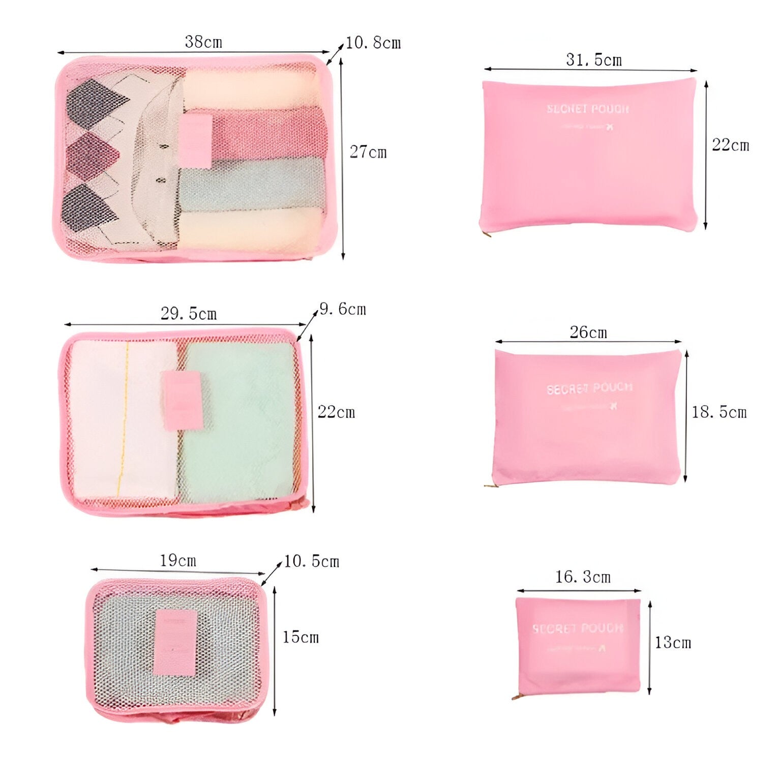 Set 6 Genți de Calatorie, pentru Depozitare, Impermeabile, Organizator, Multifuncționale, Design cu Plasa, Pliabile, Fermoar, Dimensiuni Diferite, Roz