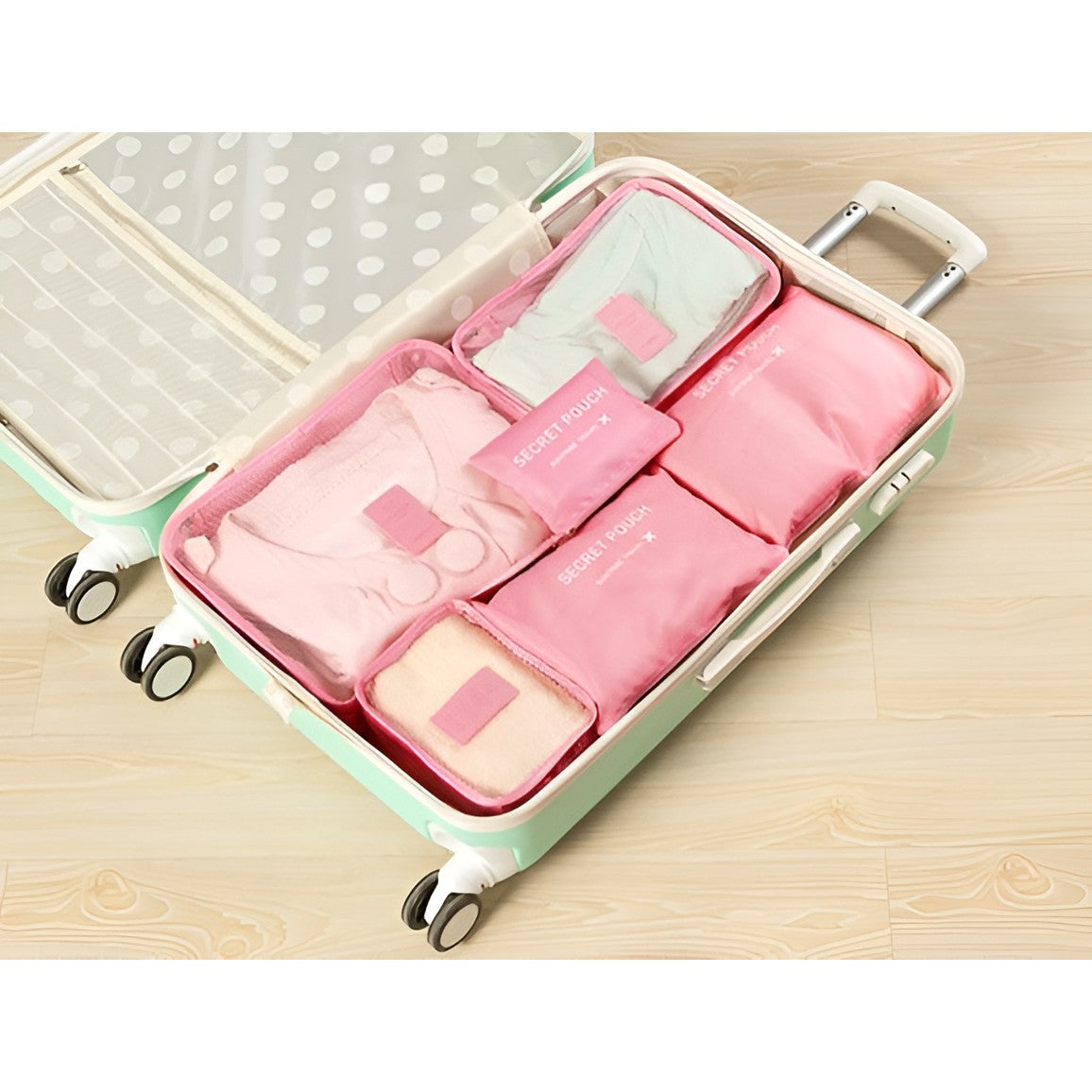 Set 6 Genți de Calatorie, pentru Depozitare, Impermeabile, Organizator, Multifuncționale, Design cu Plasa, Pliabile, Fermoar, Dimensiuni Diferite, Roz
