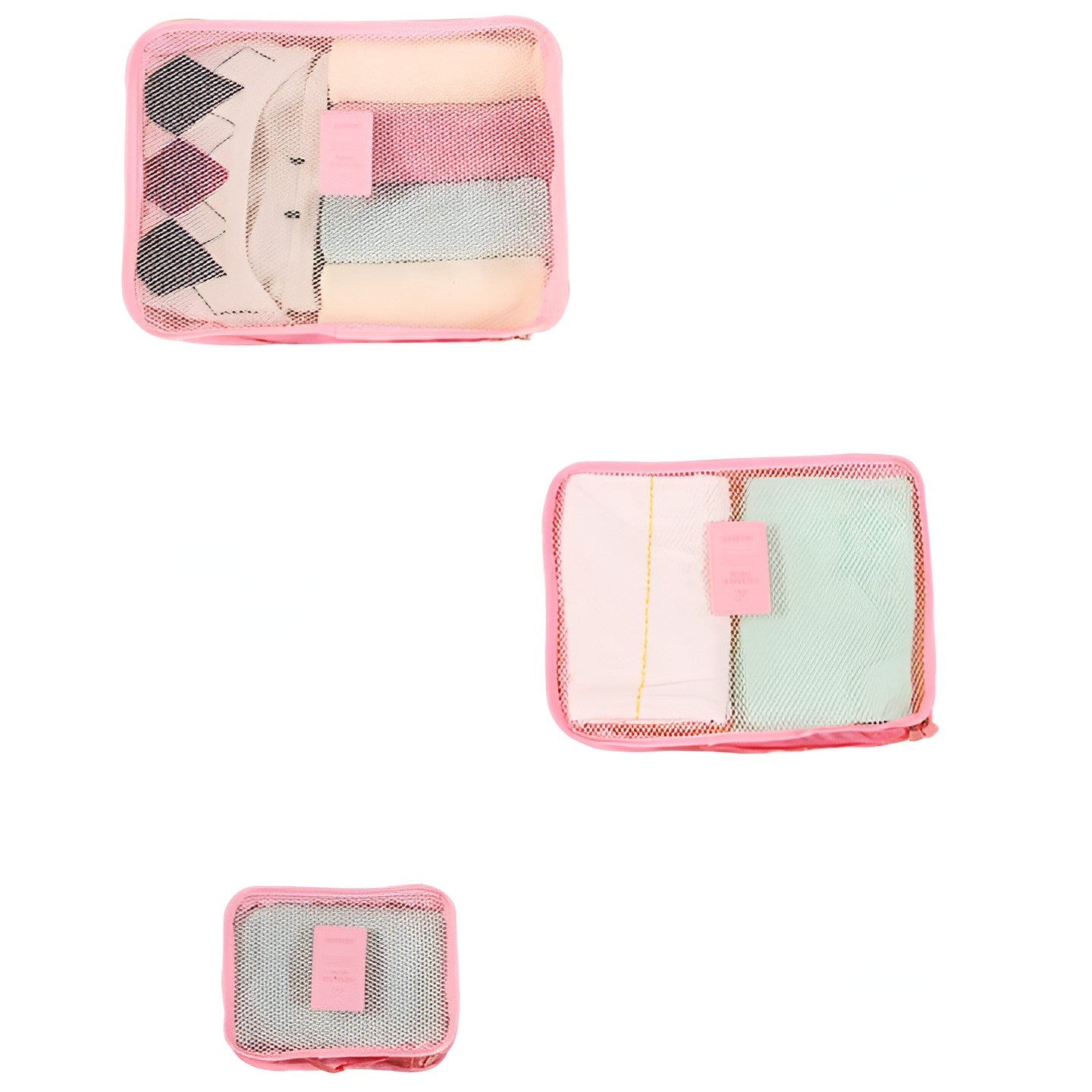 Set 6 Genți de Calatorie, pentru Depozitare, Impermeabile, Organizator, Multifuncționale, Design cu Plasa, Pliabile, Fermoar, Dimensiuni Diferite, Roz