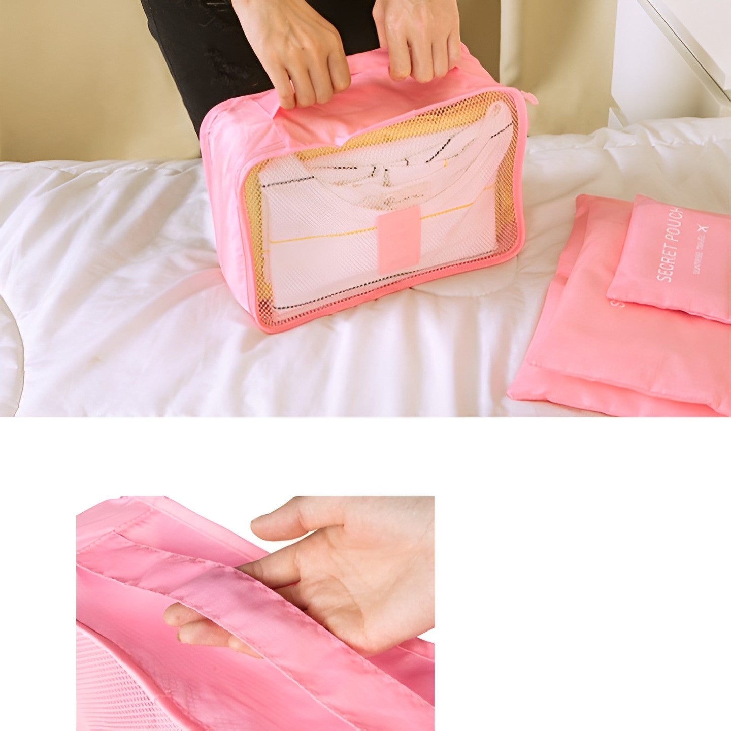 Set 6 Genți de Calatorie, pentru Depozitare, Impermeabile, Organizator, Multifuncționale, Design cu Plasa, Pliabile, Fermoar, Dimensiuni Diferite, Roz