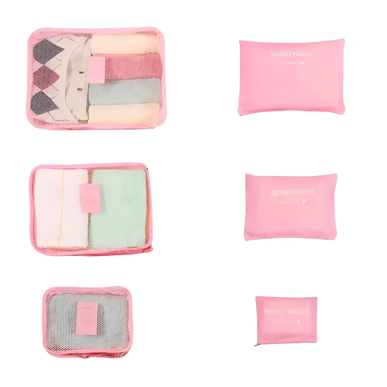 Set 6 Genți de Calatorie, pentru Depozitare, Impermeabile, Organizator, Multifuncționale, Design cu Plasa, Pliabile, Fermoar, Dimensiuni Diferite, Roz