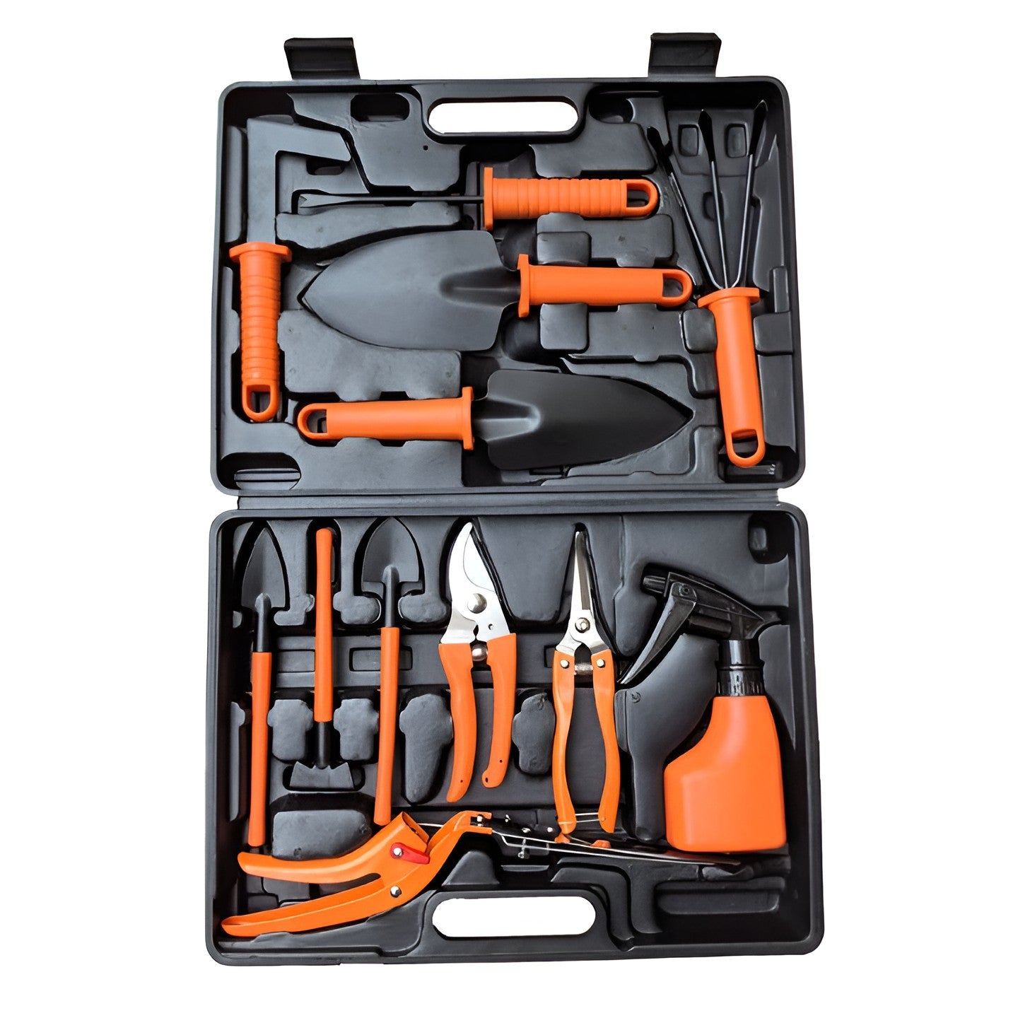 Set 12 Unelte de Gradina, pentru Plantare Prelucrare Sol si Ingrijire Plante, Manere Portocalii, Material PVC si Cardboard, Cutie Inclusa, 37x28 cm, Negru
