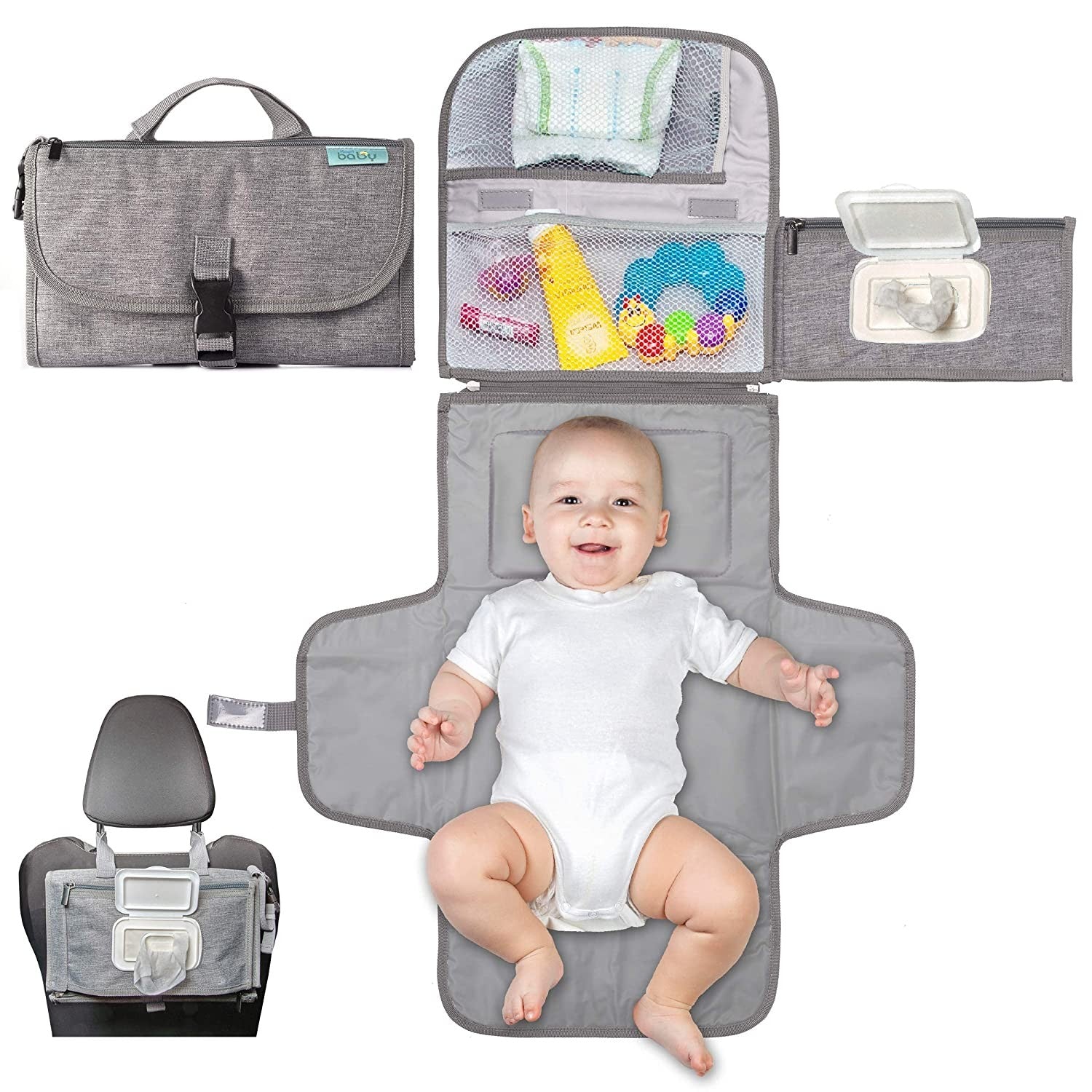 Geanta Multifunctionala, Flippy, Tip Aleza de Schimbat Scutece, Impermeabila, din Panza Oxford, cu Buzunare, Usor de Agatat, 30 x 20 cm, Gri
