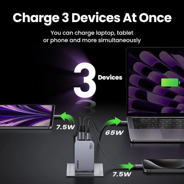 INCARCATOR retea Ugreen, Nexode "X757" Quick Charge 100W GaN, 1 x USB, 2 x USB Tpe-C, include cablu USB Type-C la USB Type-C 240W 1.5 m, gri "25874" - 6941876228744
