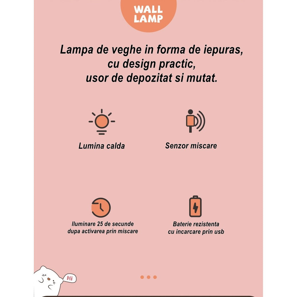 Lampa de veghe portabila cu 2 moduri de functionare Flippy, silicon non-toxic, reincarcabila USB, senzor miscare, alb, iepuras