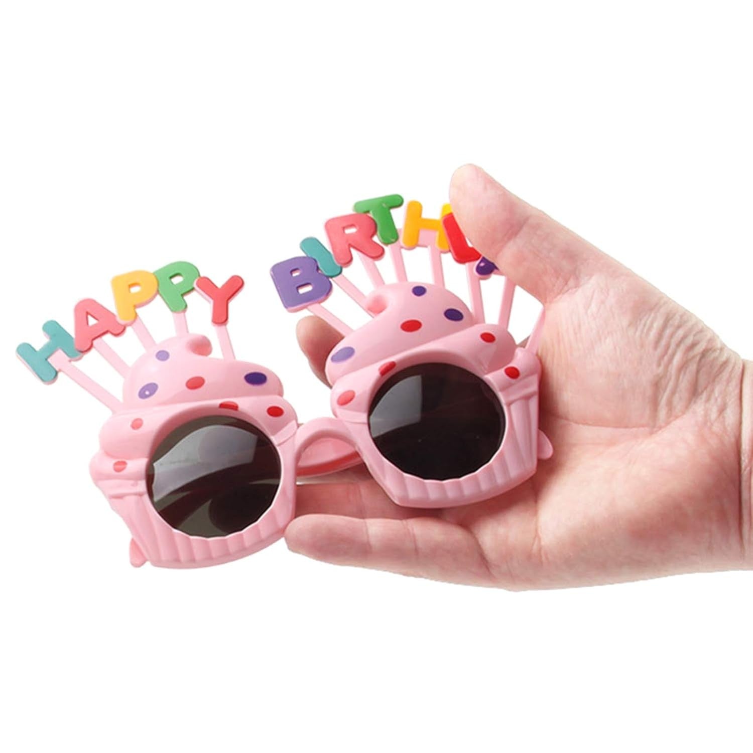 Ochelari Happy Birthday, Tematica Aniversare, Protectie Soare, din Plastic, Model Prajiturele, 18.5x11.5 cm, Roz