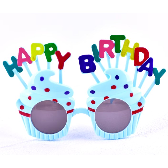 Ochelari Happy Birthday, Tematica Aniversare, Protectie Soare, din Plastic, Model Prajiturele, 18.5x11.5 cm, Albastru