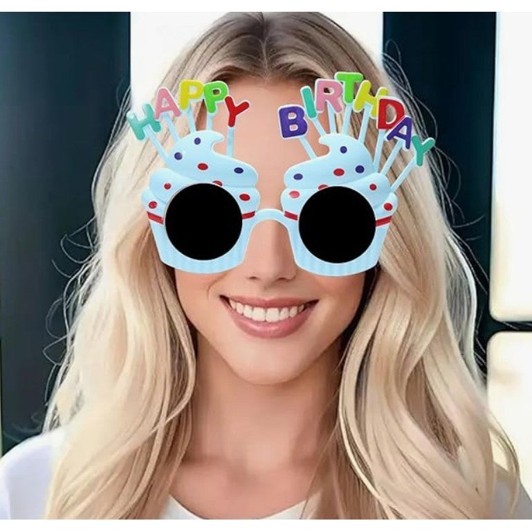 Ochelari Happy Birthday, Tematica Aniversare, Protectie Soare, din Plastic, Model Prajiturele, 18.5x11.5 cm, Albastru