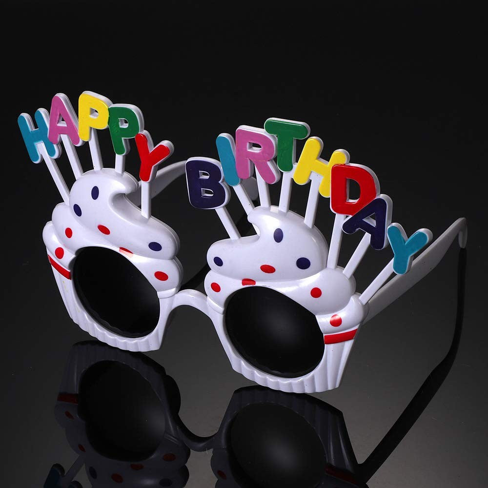 Ochelari Happy Birthday, Tematica Aniversare, Protectie Soare, din Plastic, Model Prajiturele, 18.5x11.5 cm, Alb