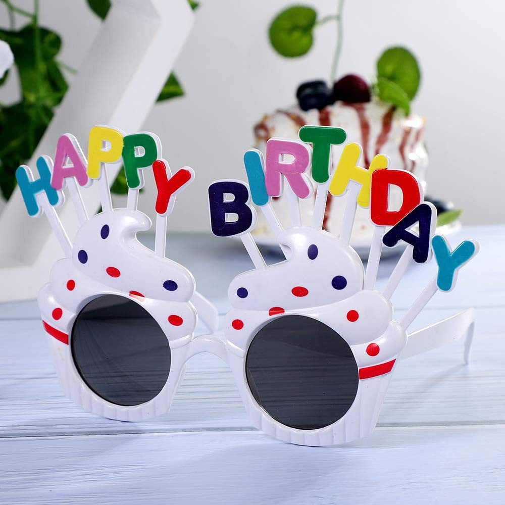 Ochelari Happy Birthday, Tematica Aniversare, Protectie Soare, din Plastic, Model Prajiturele, 18.5x11.5 cm, Alb