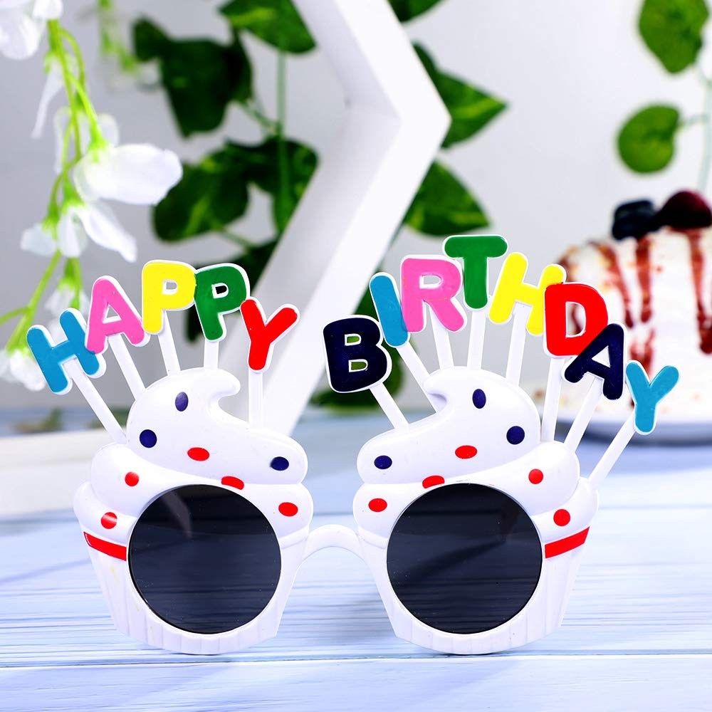 Ochelari Happy Birthday, Tematica Aniversare, Protectie Soare, din Plastic, Model Prajiturele, 18.5x11.5 cm, Alb
