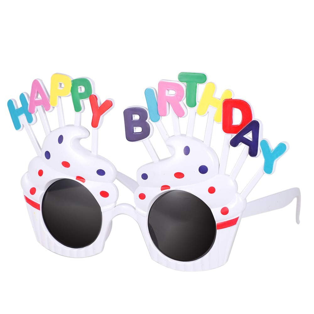 Ochelari Happy Birthday, Tematica Aniversare, Protectie Soare, din Plastic, Model Prajiturele, 18.5x11.5 cm, Alb