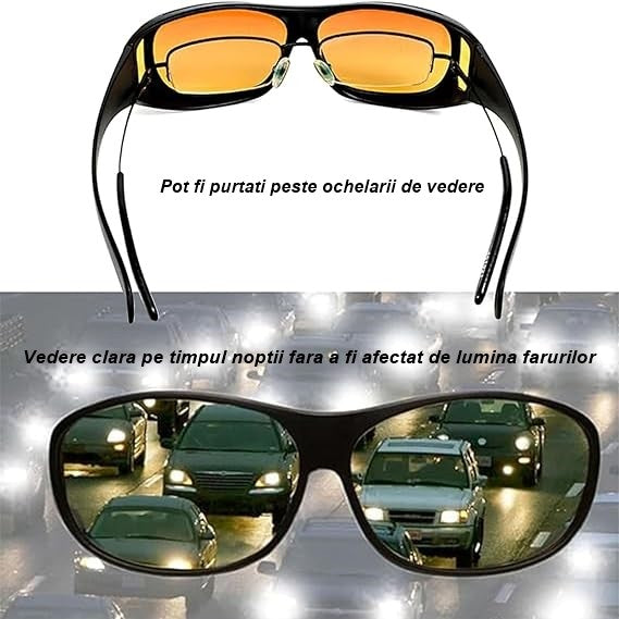 Ochelari pentru Viziune pe Timp de Noapte, Flippy, Polarizati, pentru Condus, Ciclism, cu Posibilitatea Purtarii peste Ochelarii de Vedere, cu Lentila Galbena, pentru Protectie, Rama Neagra, Pc, 15x5 cm