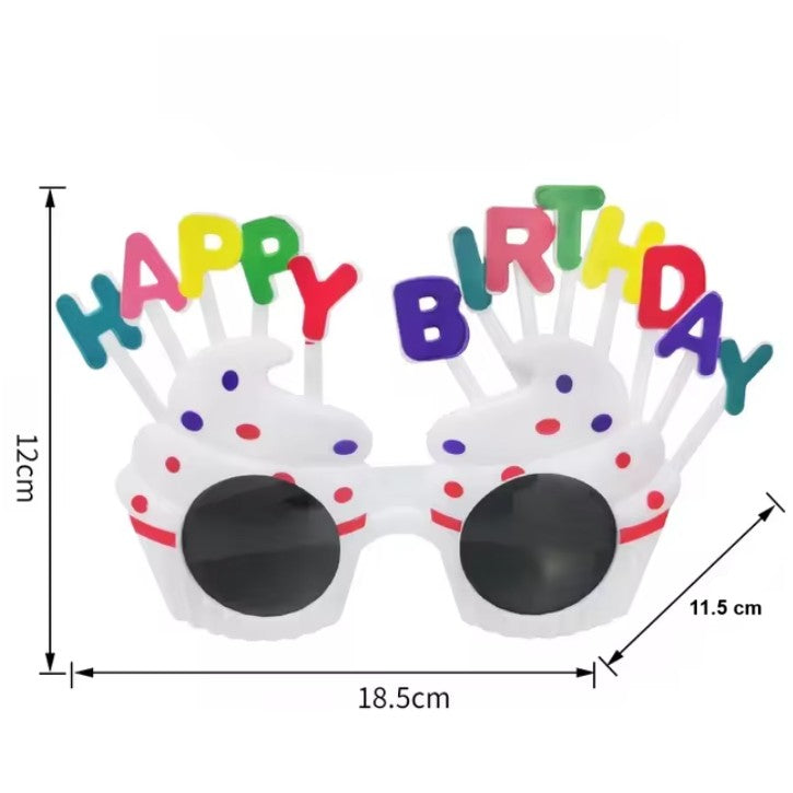 Ochelari Rotunzi Happy Birthday, Tematica Aniversare, Protectie Soare, din Plastic, 18.5x11.5 cm, Alb