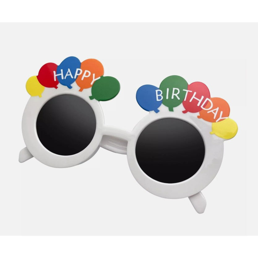 Ochelari Rotunzi Happy Birthday, Tematica Aniversare, Protectie Soare, din Plastic, 18.5x11.5 cm, Alb