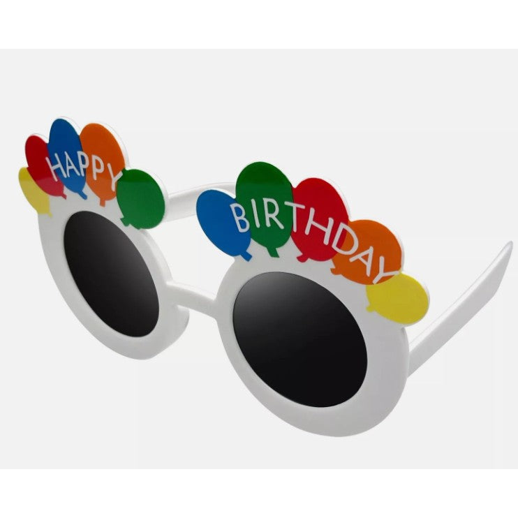 Ochelari Rotunzi Happy Birthday, Tematica Aniversare, Protectie Soare, din Plastic, 18.5x11.5 cm, Alb