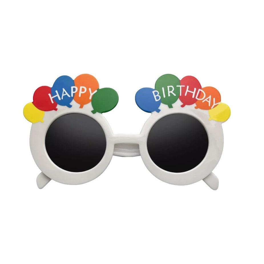 Ochelari Rotunzi Happy Birthday, Tematica Aniversare, Protectie Soare, din Plastic, 18.5x11.5 cm, Alb