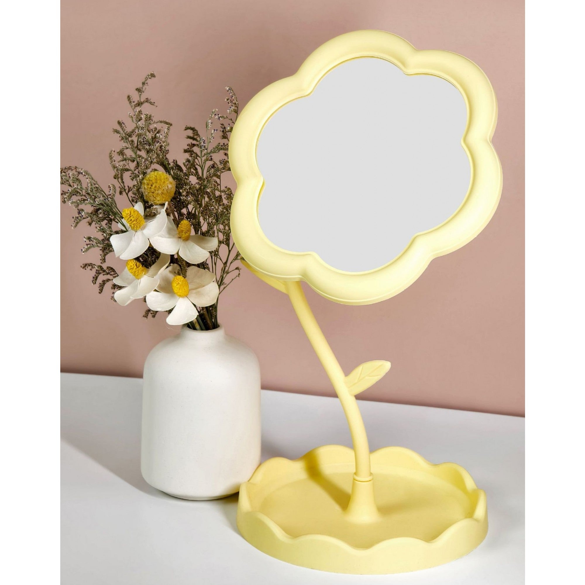 Oglindă de Machiaj pentru Birou, Rotativă, Detasabilă, Model de Floarea Soarelui, Suport pentru Inele, cu Depozitare, Galbena