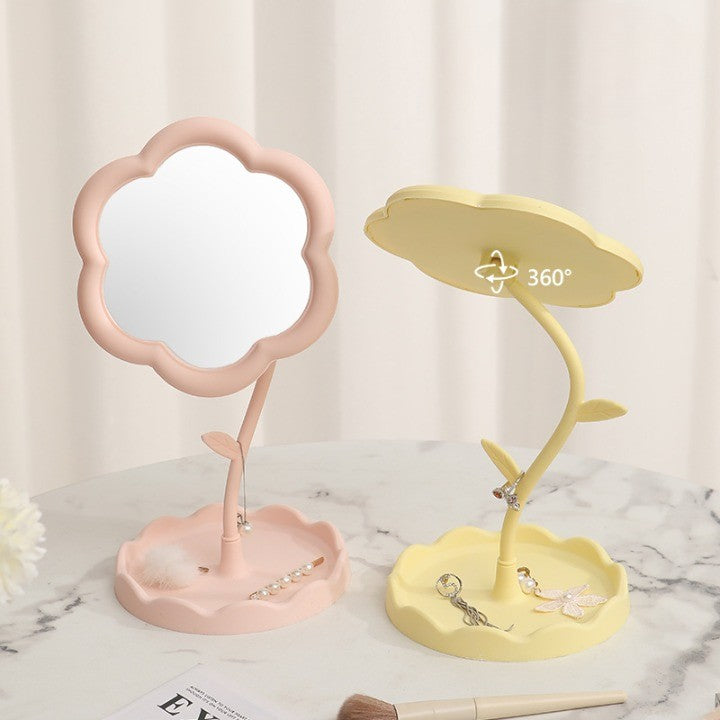 Oglindă de Machiaj pentru Birou, Rotativă, Detasabilă, Model de Floarea Soarelui, Suport pentru Inele, cu Depozitare, Roz