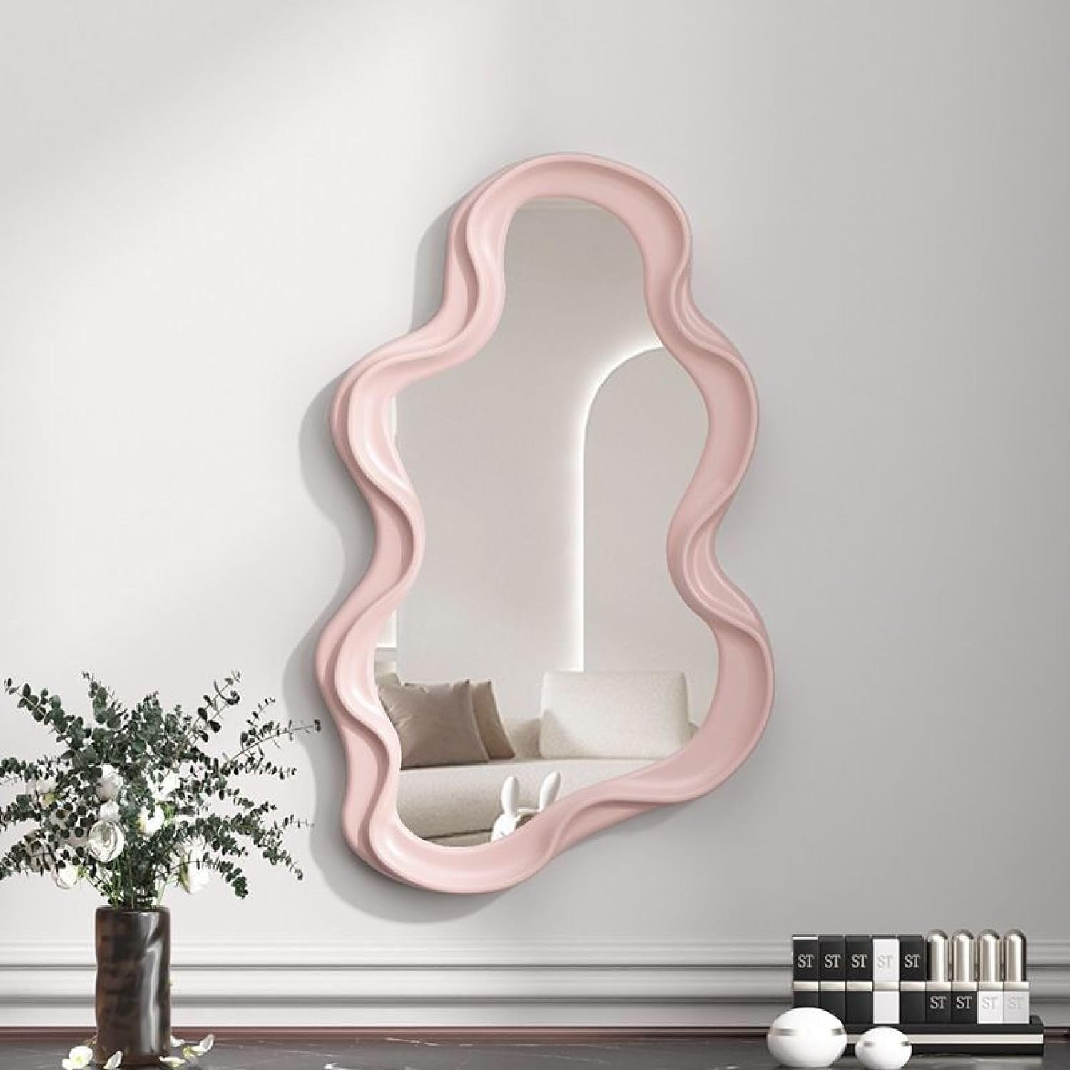 Oglinda de Perete, Flippy, Decorativa, pentru Baie, Dormitor, Sufragerie, Model Minimalist in Forma de Nor, 41x26 cm, Roz