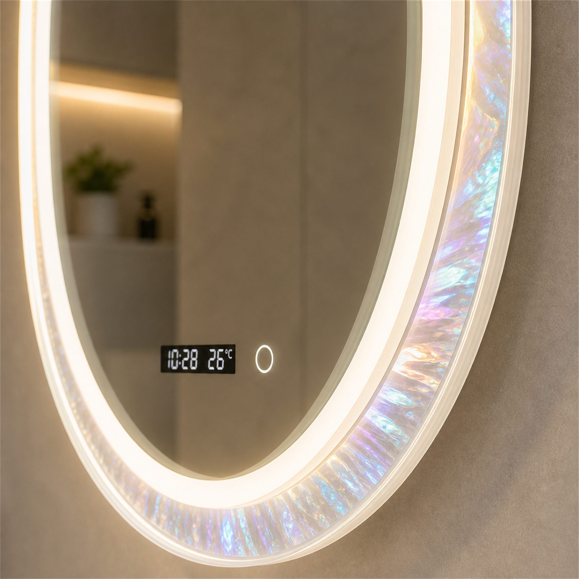 Oglinda LED FISHMAN Ovala, 55x110cm, Rama din acrilic cu efect irizat, Senzor, Lumina 3000K, 4000K, 6000K, Sistem Dezaburire, Acrilic, Functii Ceas si Temperatura