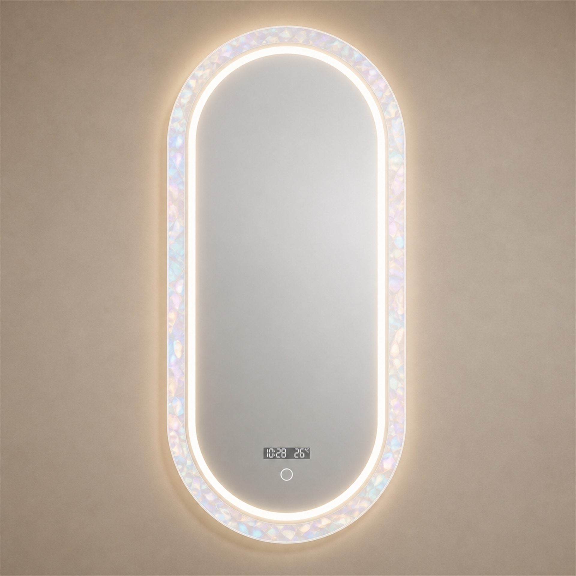 Oglinda LED FISHMAN Ovala, 55x110cm, Rama din acrilic cu efect irizat, Senzor, Lumina 3000K, 4000K, 6000K, Sistem Dezaburire, Acrilic, Functii Ceas si Temperatura