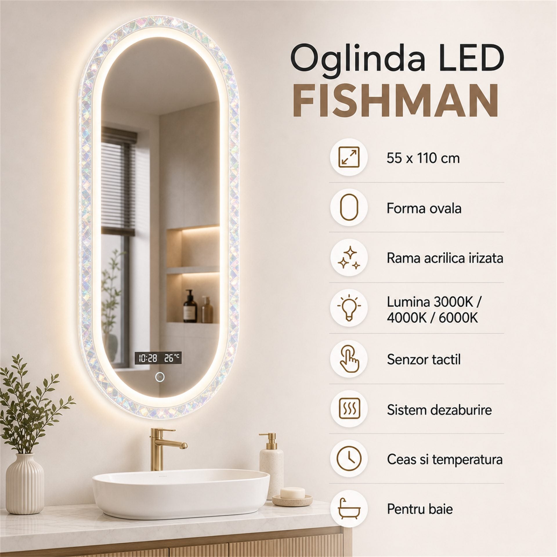 Oglinda LED FISHMAN Ovala, 55x110cm, Rama din acrilic cu efect irizat, Senzor, Lumina 3000K, 4000K, 6000K, Sistem Dezaburire, Acrilic, Functii Ceas si Temperatura